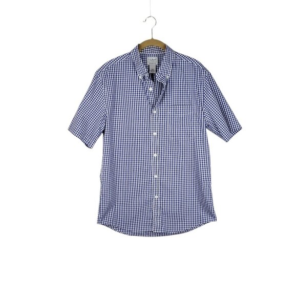 LL Bean Traditional Fit Short Sleeve Button Up Shirt Blue Gingham Cotton Mens S - Picture 1 of 7